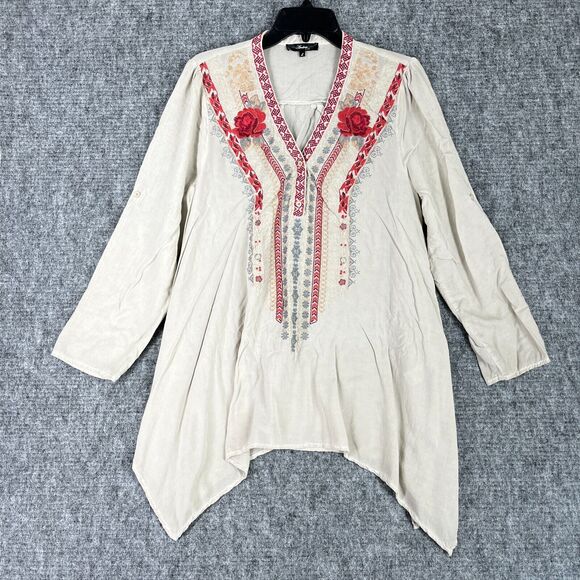 Andree Top Womens Large Beige Roll Tab Sleeve V-Neck‎ Boho Peasant Festival - Picture 1 of 8